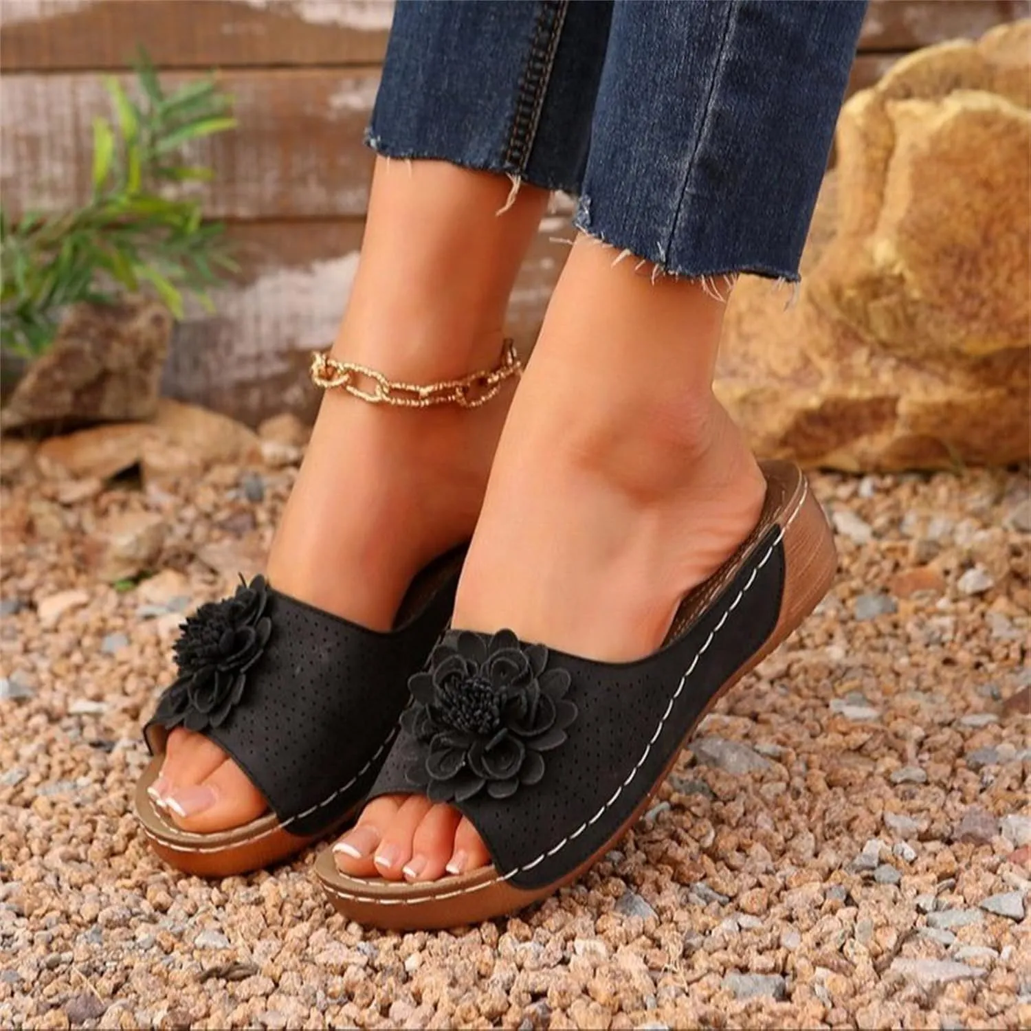 Women's Fashion Flower Sandals Orthopedic Arch Support Fish Mouth Open Toe Sandal Slippers Wedge Platform Summer Beach Walking Shoes
