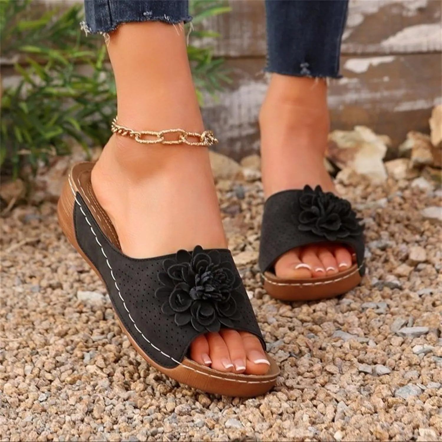 Women's Fashion Flower Sandals Orthopedic Arch Support Fish Mouth Open Toe Sandal Slippers Wedge Platform Summer Beach Walking Shoes