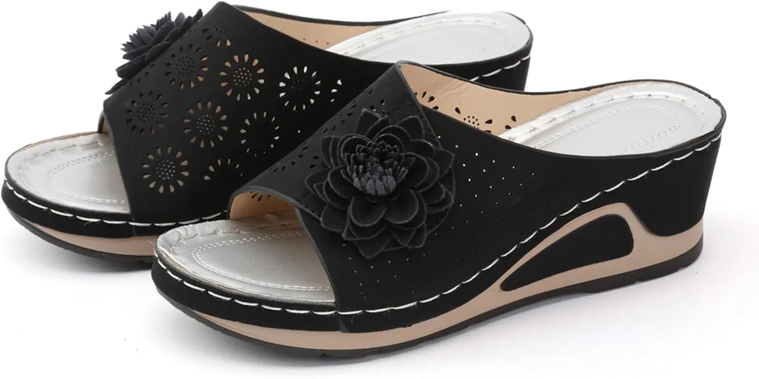 Women's Wedge Sandals Breathable Flower Slides with Low Wedge Platform Dressy Open Toe Summer Beach Slippers for Women