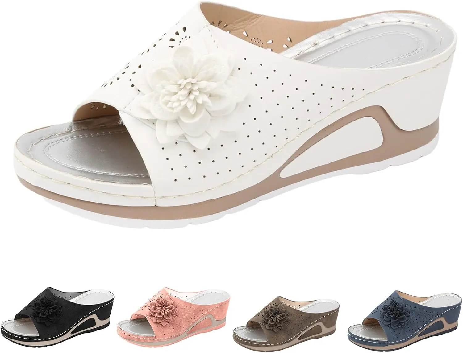 Women's Wedge Sandals Breathable Flower Slides with Low Wedge Platform Dressy Open Toe Summer Beach Slippers for Women