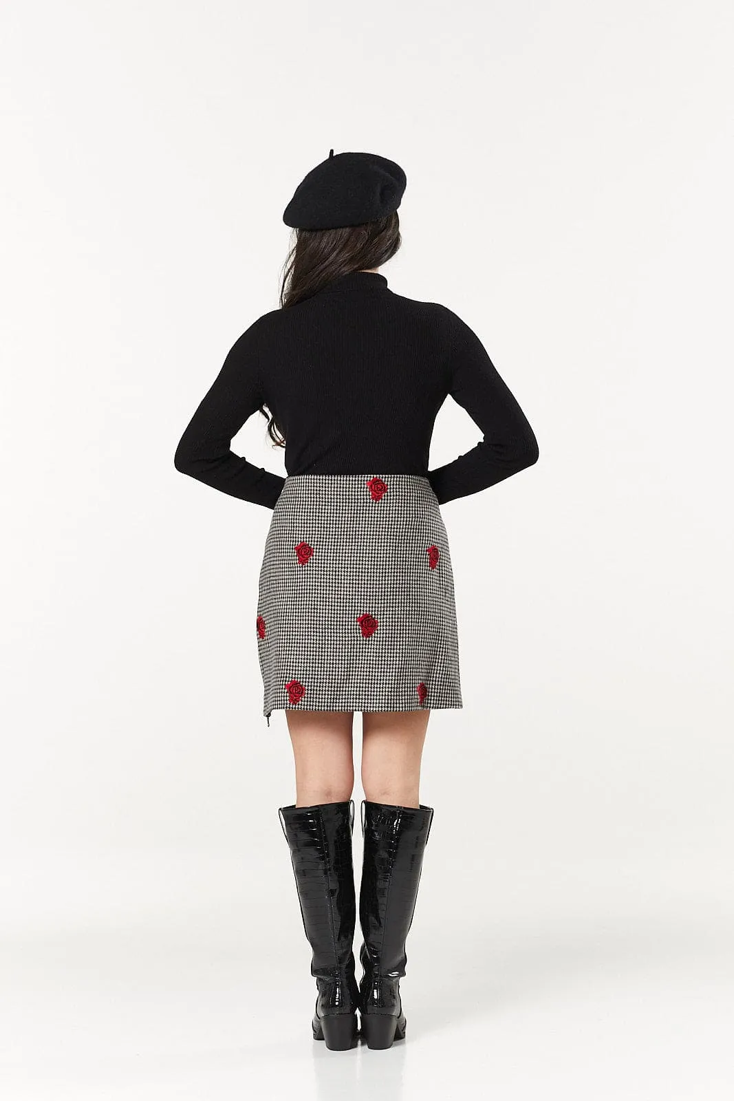 Woollen Priya Mini Houndstooth Skirt with embroidery